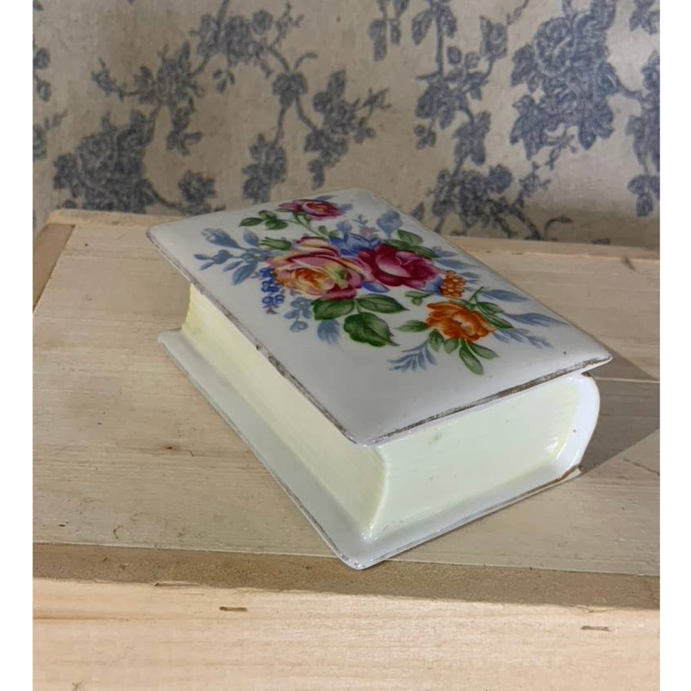 VTG Book Shaped Lidded Trinket Box Hand Painted Floral Japan